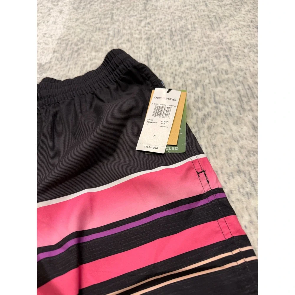 Quiksilver Men D Swell Vision Volley 17 Swim Trunks Black Pink Stripe Size S NWT